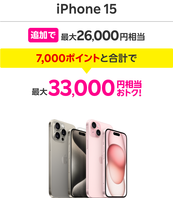 iPhone 15 追加で最大26,000円相当 7,000ポイントと合計で最大33,000円相当おトク！